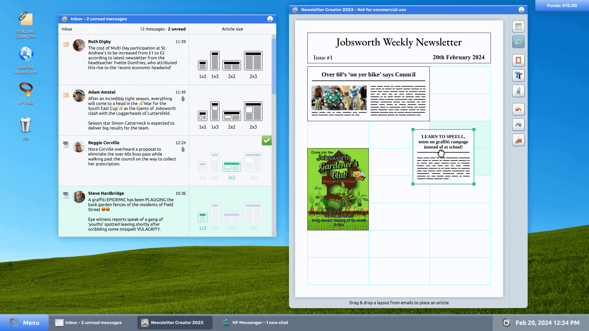 a screenshot of a windows xp style OS with the jobsworth newsletter designer, a user is dragging a story onto the newsletter